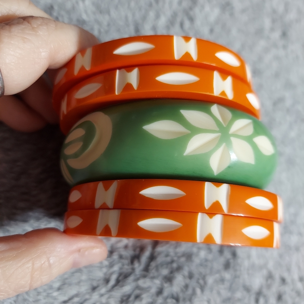 Antika Boho Style Hand Painted/Hand Carved Acrylic (Orange & Jade Waters) Set o…